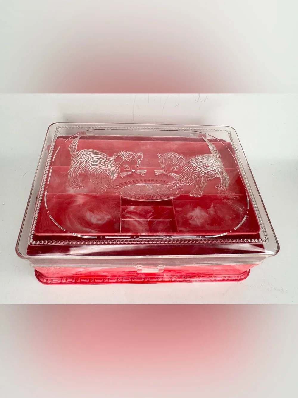 VTG 50s Jewelry Box Trinket Cats Kittens Granny Sewing Hommer Marbled Plastic